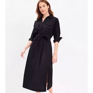 LOFT Black 100% Cotton Belted Pocket Midi Shirtdress Women’s Size 14